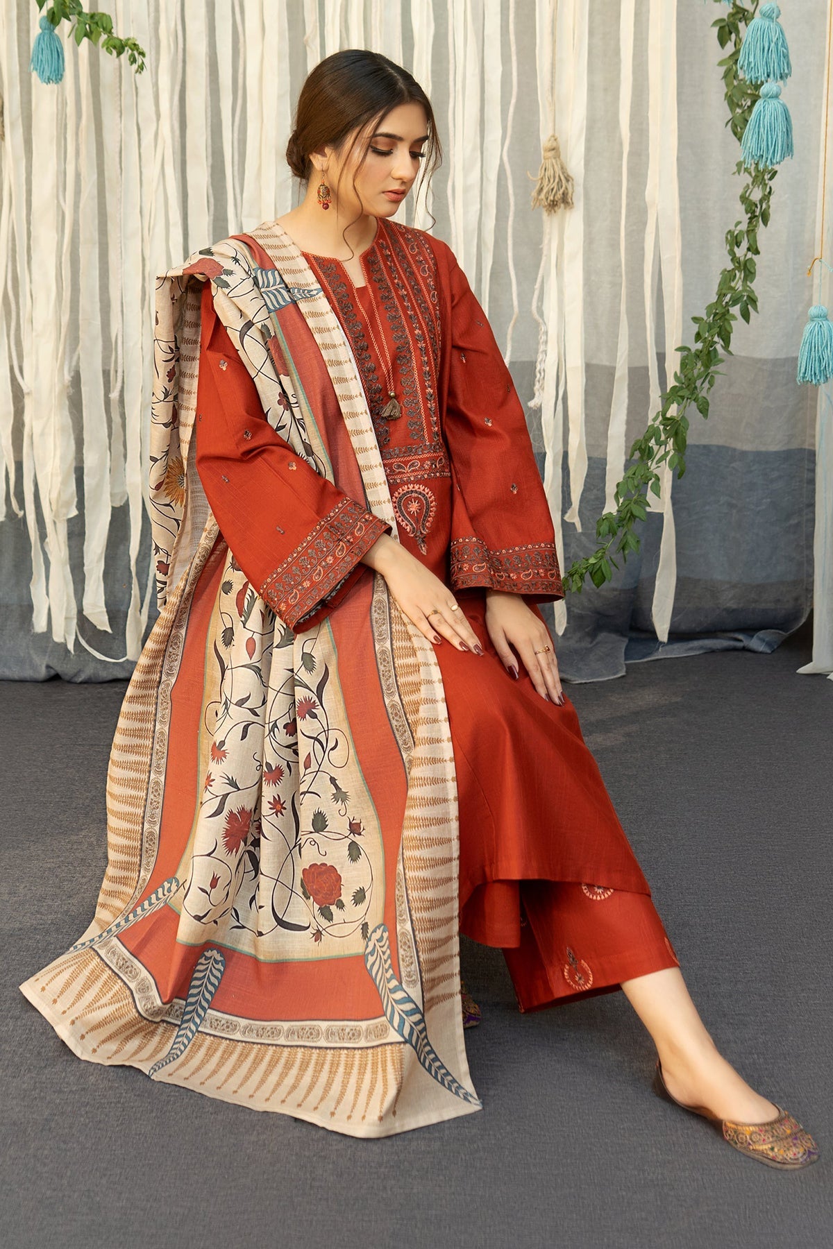 URGE - 3PC DHANAK EMBROIDERED SHIRT WITH TWILL PRINTED SHAWL AND TROUSER - HZG2355