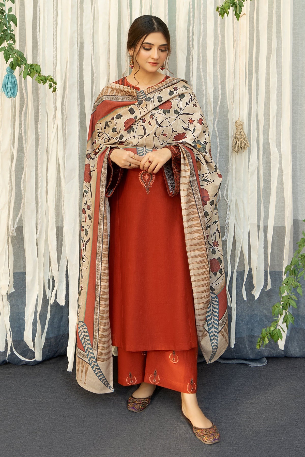 URGE - 3PC DHANAK EMBROIDERED SHIRT WITH TWILL PRINTED SHAWL AND TROUSER - HZG2355