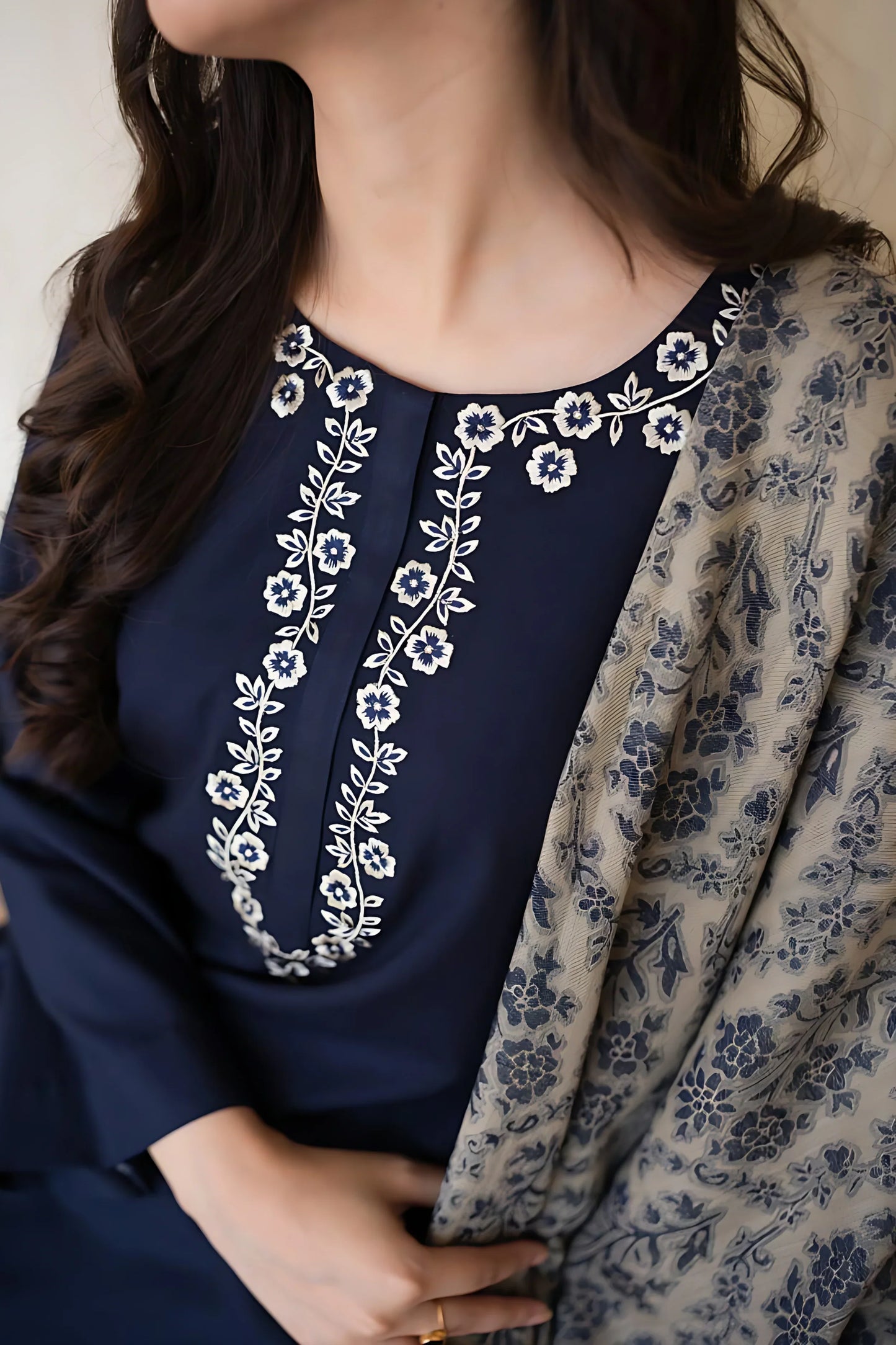 AISLING - 3PC DHANAK EMBROIDERED SHIRT WITH SLUB WOOL PRINTED SHAWL AND TROUSER - HZG1387