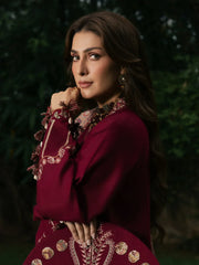 IZEL - 3PC DHANAK EMBROIDERED SHIRT TWILL PRINTED SHAWL AND TROUSER - HZG3133