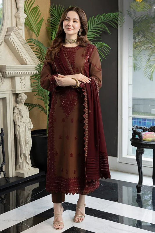 ASIM JOFA - 3PC DHANAK SEQUIN EMBROIDERED SHIRT WITH  DHANAK EMBROIDERED SHAWL AND TROUSER - HZG1619