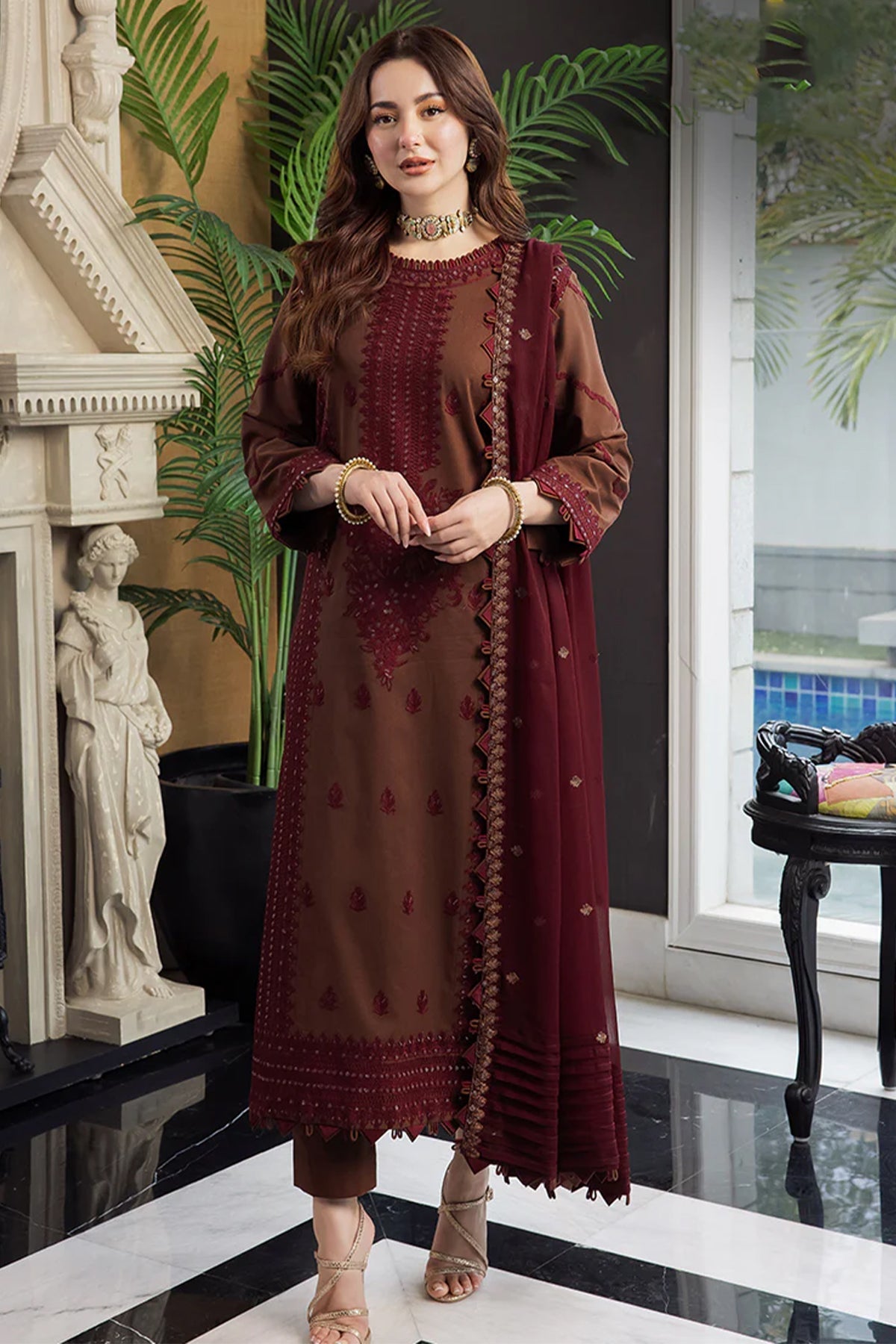 ASIM JOFA - 3PC DHANAK SEQUIN EMBROIDERED SHIRT WITH  DHANAK EMBROIDERED SHAWL AND TROUSER - HZG1619