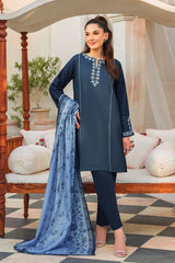 ZIVA - 3PC DHANAK EMBROIDERED SHIRT WITH TWILL PRINTED SHAWL AND TROUSER - HZG1542