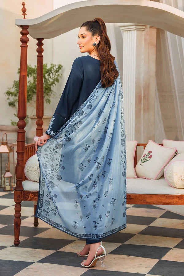 ZIVA - 3PC DHANAK EMBROIDERED SHIRT WITH TWILL PRINTED SHAWL AND TROUSER - HZG1542