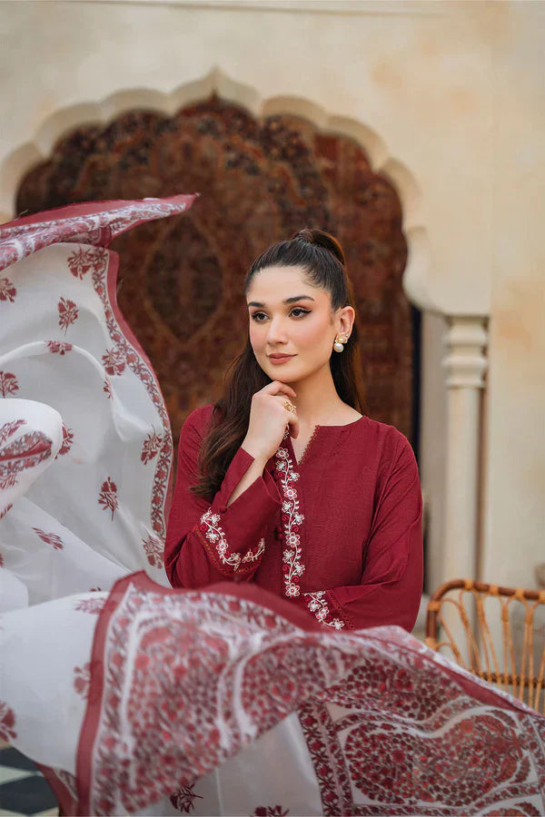 ZIVA - 3PC LAWB EMBROIDERED SHIRT WITH MANAAR PRINTED DUPATTA AND TROUSER - HZG1579