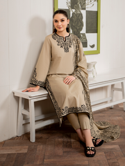 GARNET - 3PC DHANAK EMBROIDERED SHIRT WITH TWILL PRINTED SHAWL AND TROUSER - HZG1822