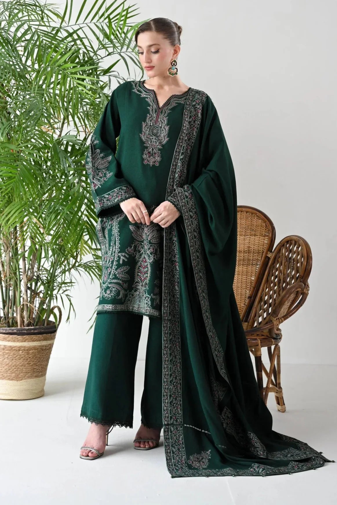 ASIM JOFA - 3PC DHANAK EMBROIDERED SHIRT WITH DHANAK EMBROIDERED SHAWL AND TROUSER - HZG2410