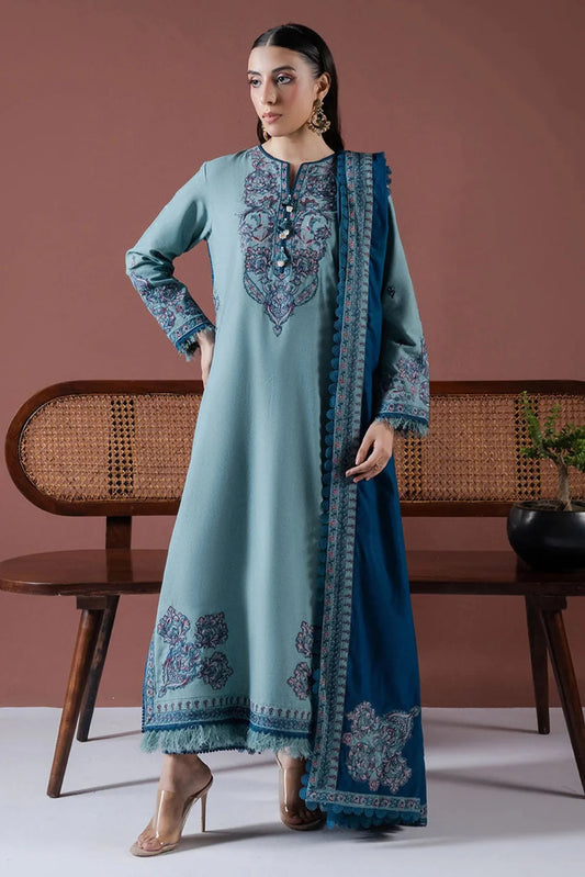 ASIM JOFA - 3PC DHANAK EMBROIDERED SHIRT WITH DHANAK EMBROIDERED SHAWL AND TROUSER - HZG2383