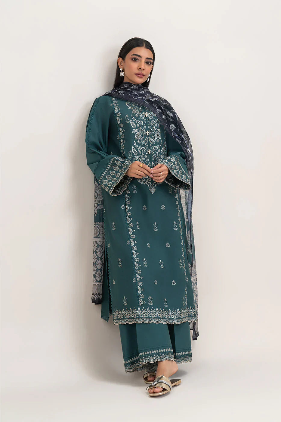 BEECHTREE- 3PC DHANAK EMBROIDERED SHIRT WITH TWILL PRINTED SHAWL AND TROUSER - HZG2379