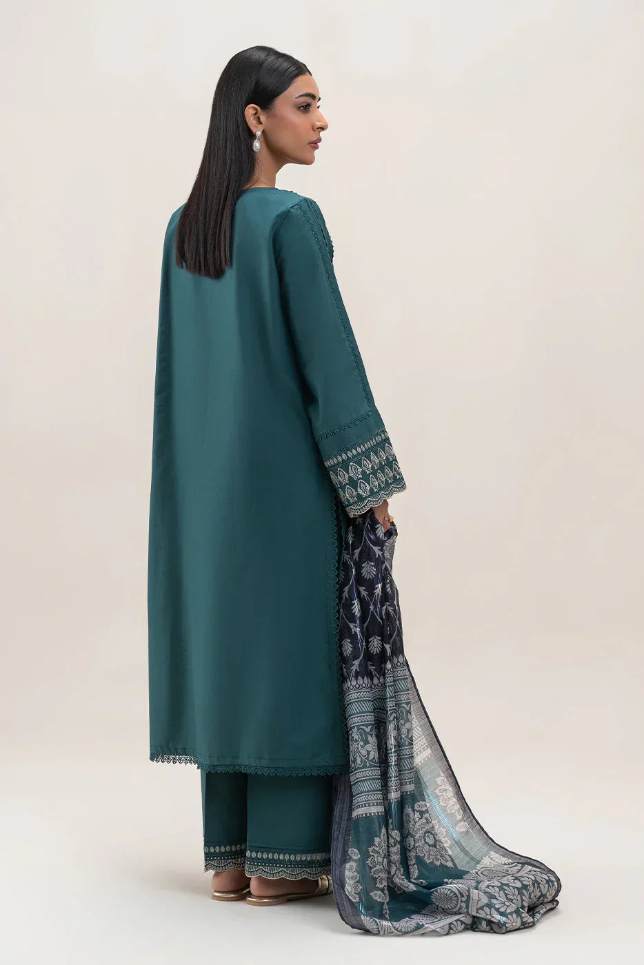 BEECHTREE- 3PC DHANAK EMBROIDERED SHIRT WITH TWILL PRINTED SHAWL AND TROUSER - HZG2379