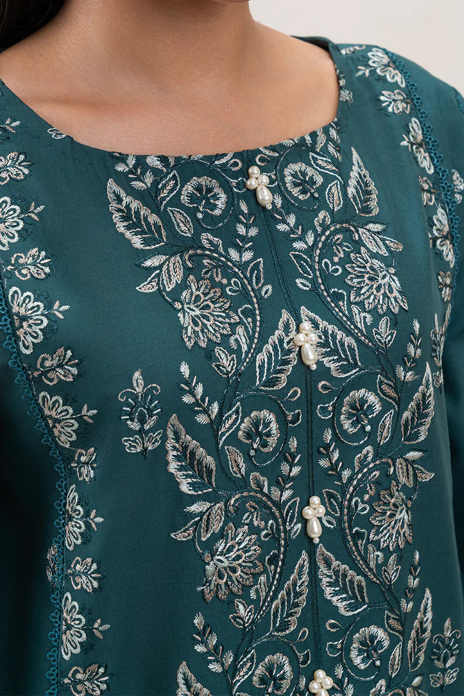 BEECHTREE- 3PC DHANAK EMBROIDERED SHIRT WITH TWILL PRINTED SHAWL AND TROUSER - HZG2379