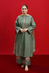 URGE - 3PC DHANAK EMBROIDERED SHIRT WITH TWILL PRINTED SHAWL AND TROUSER - HZG1954