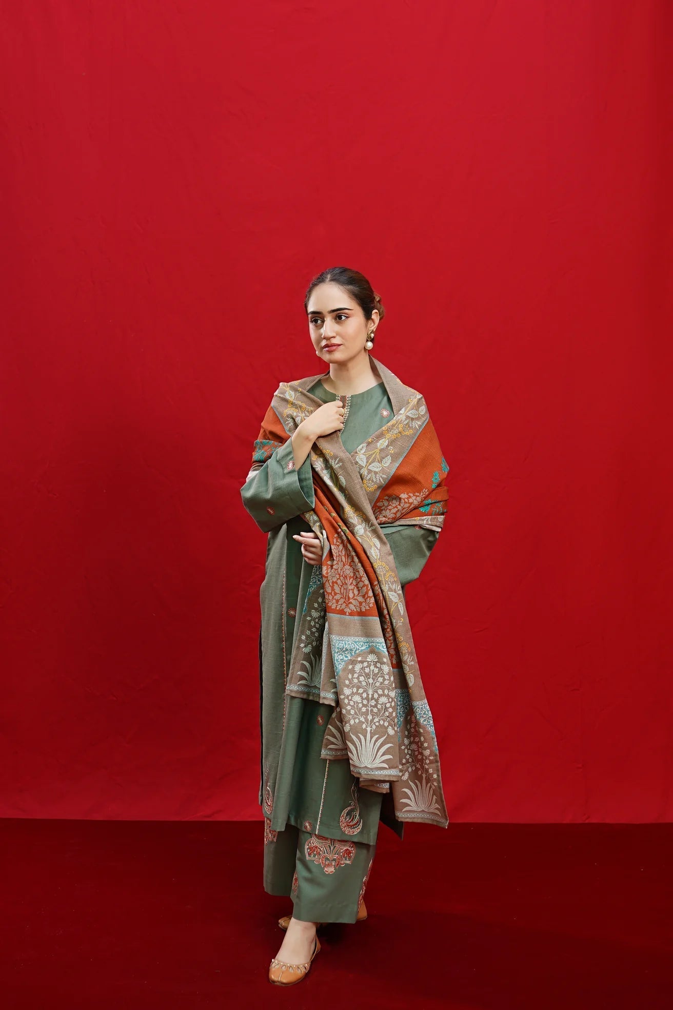 URGE - 3PC DHANAK EMBROIDERED SHIRT WITH TWILL PRINTED SHAWL AND TROUSER - HZG1954