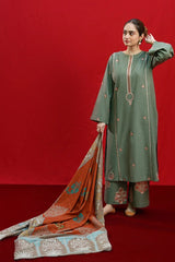 URGE - 3PC DHANAK EMBROIDERED SHIRT WITH TWILL PRINTED SHAWL AND TROUSER - HZG1954