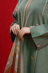 URGE - 3PC DHANAK EMBROIDERED SHIRT WITH TWILL PRINTED SHAWL AND TROUSER - HZG1954