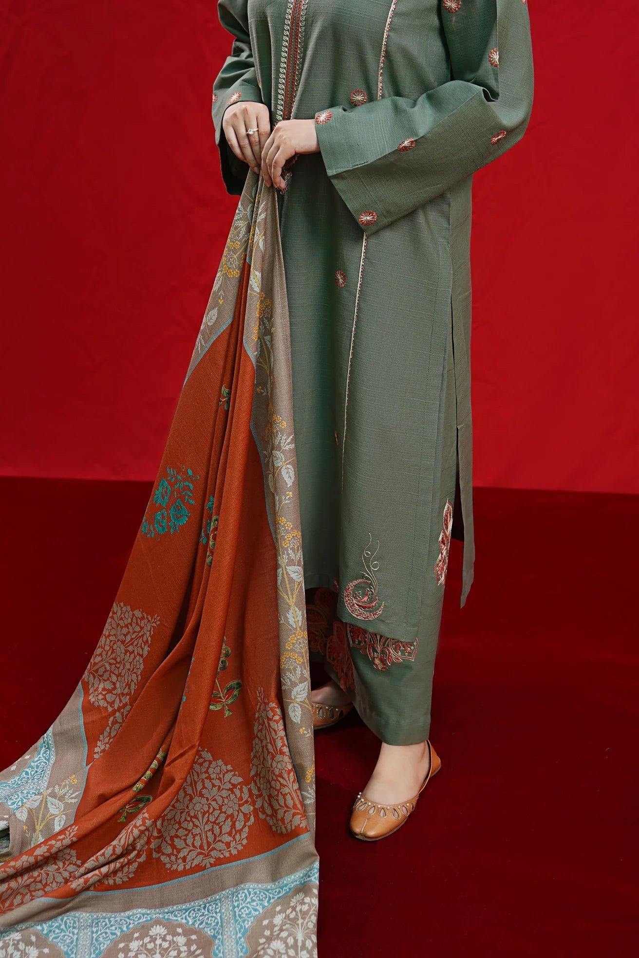 URGE - 3PC DHANAK EMBROIDERED SHIRT WITH TWILL PRINTED SHAWL AND TROUSER - HZG1954
