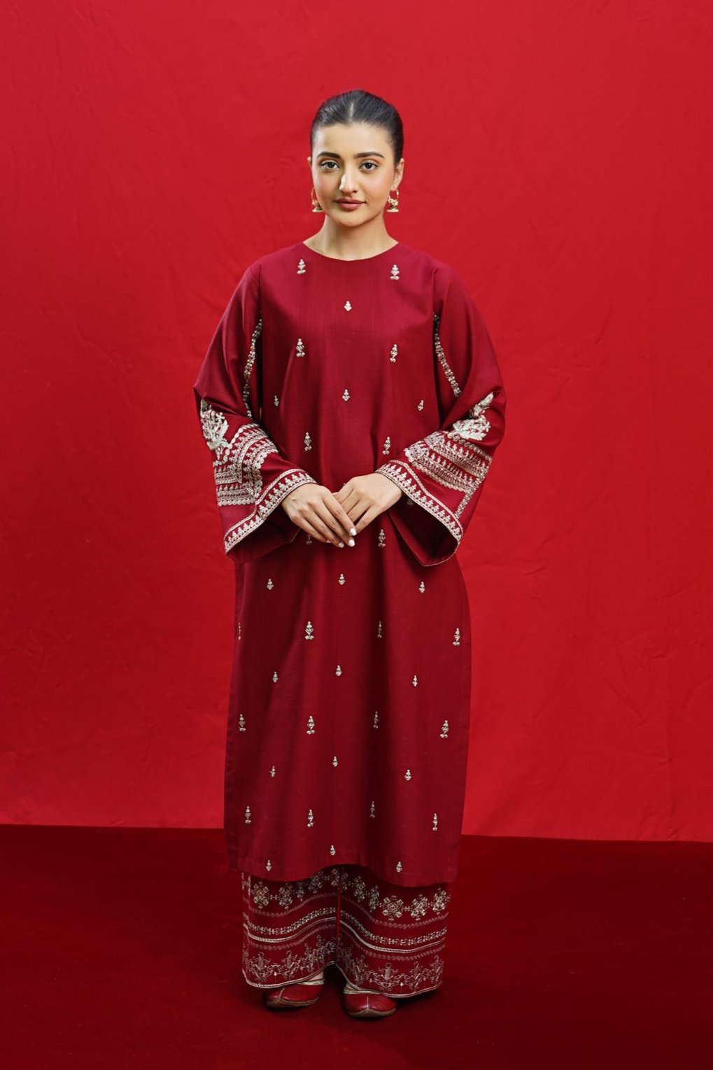 URGE - 3PC DHANAK EMBROIDERED SHIRT WITH TWILL PRINTED SHAWL AND TROUSER - HZG1951