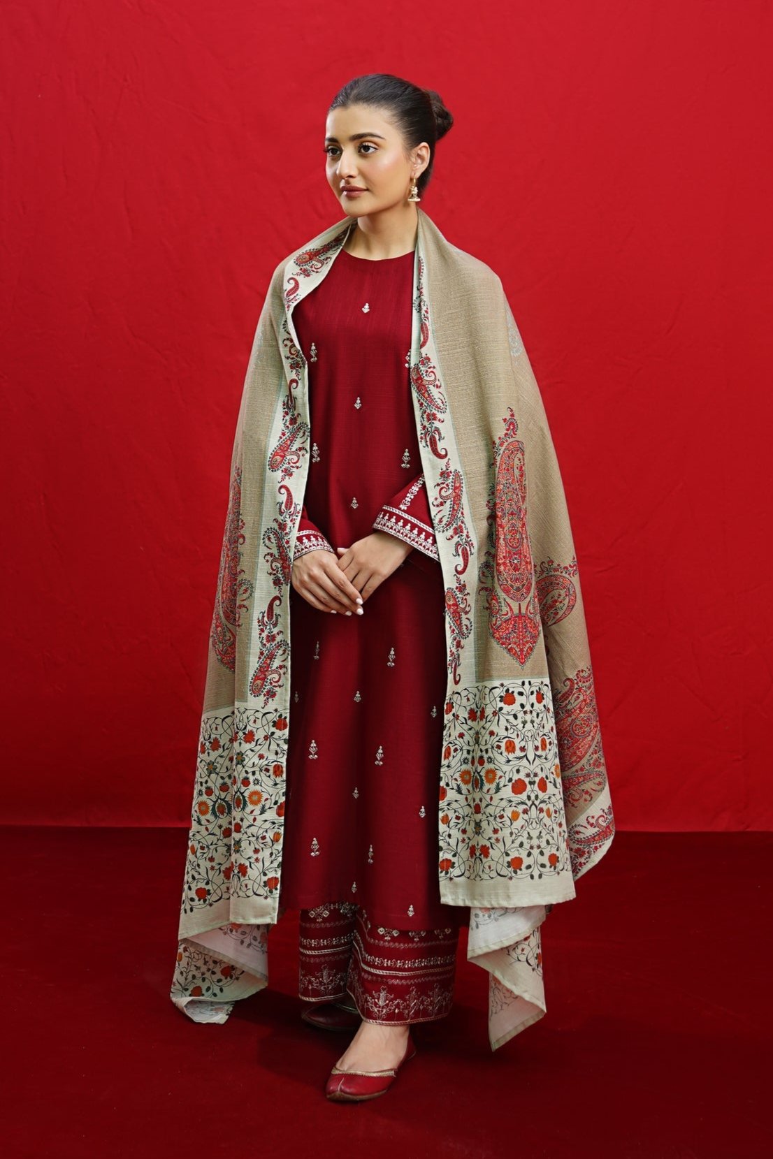 URGE - 3PC DHANAK EMBROIDERED SHIRT WITH TWILL PRINTED SHAWL AND TROUSER - HZG1951