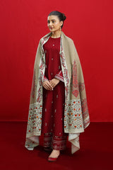 URGE - 3PC DHANAK EMBROIDERED SHIRT WITH TWILL PRINTED SHAWL AND TROUSER - HZG1951