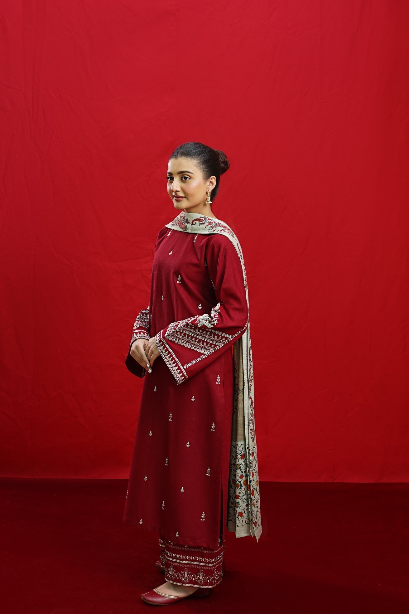 URGE - 3PC DHANAK EMBROIDERED SHIRT WITH TWILL PRINTED SHAWL AND TROUSER - HZG1951
