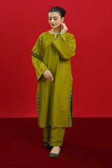 URGE - 3PC DHANAK EMBROIDERED SHIRT WITH TWILL PRINTED SHAWL AND TROUSER - HZG1950