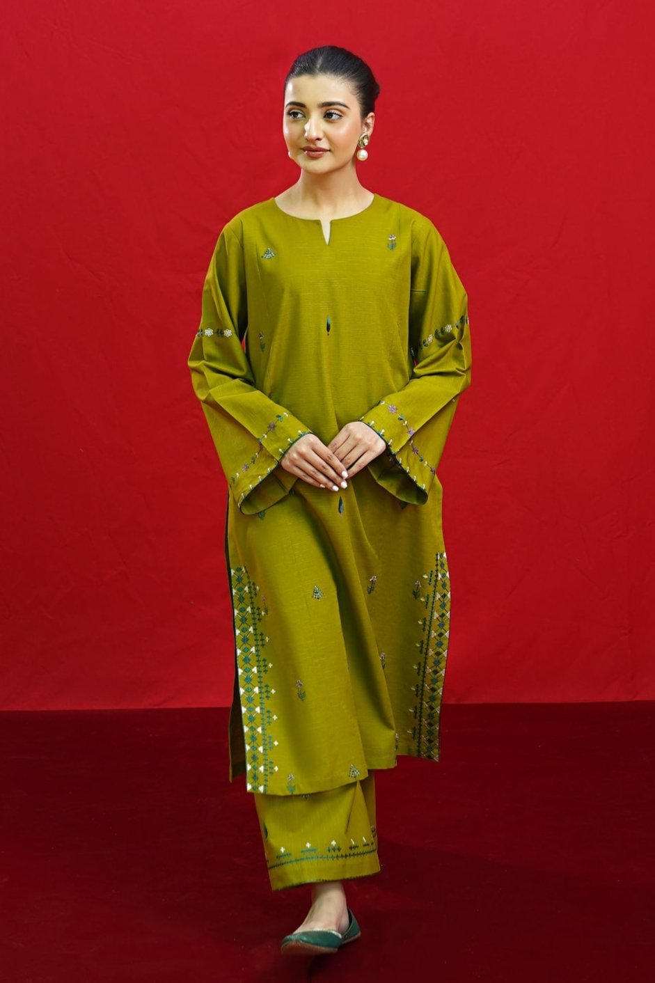 URGE - 3PC DHANAK EMBROIDERED SHIRT WITH TWILL PRINTED SHAWL AND TROUSER - HZG1950
