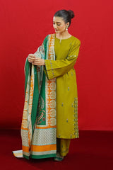 URGE - 3PC DHANAK EMBROIDERED SHIRT WITH TWILL PRINTED SHAWL AND TROUSER - HZG1950