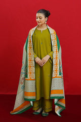 URGE - 3PC DHANAK EMBROIDERED SHIRT WITH TWILL PRINTED SHAWL AND TROUSER - HZG1950