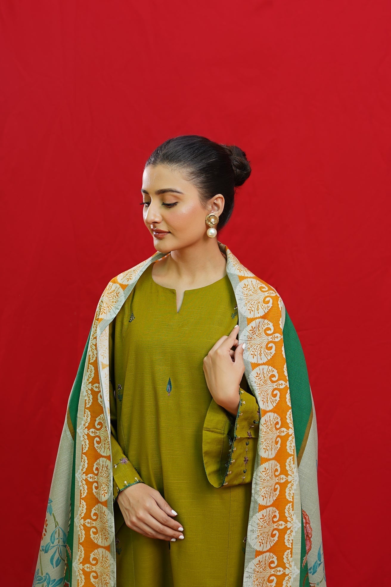 URGE - 3PC DHANAK EMBROIDERED SHIRT WITH TWILL PRINTED SHAWL AND TROUSER - HZG1950
