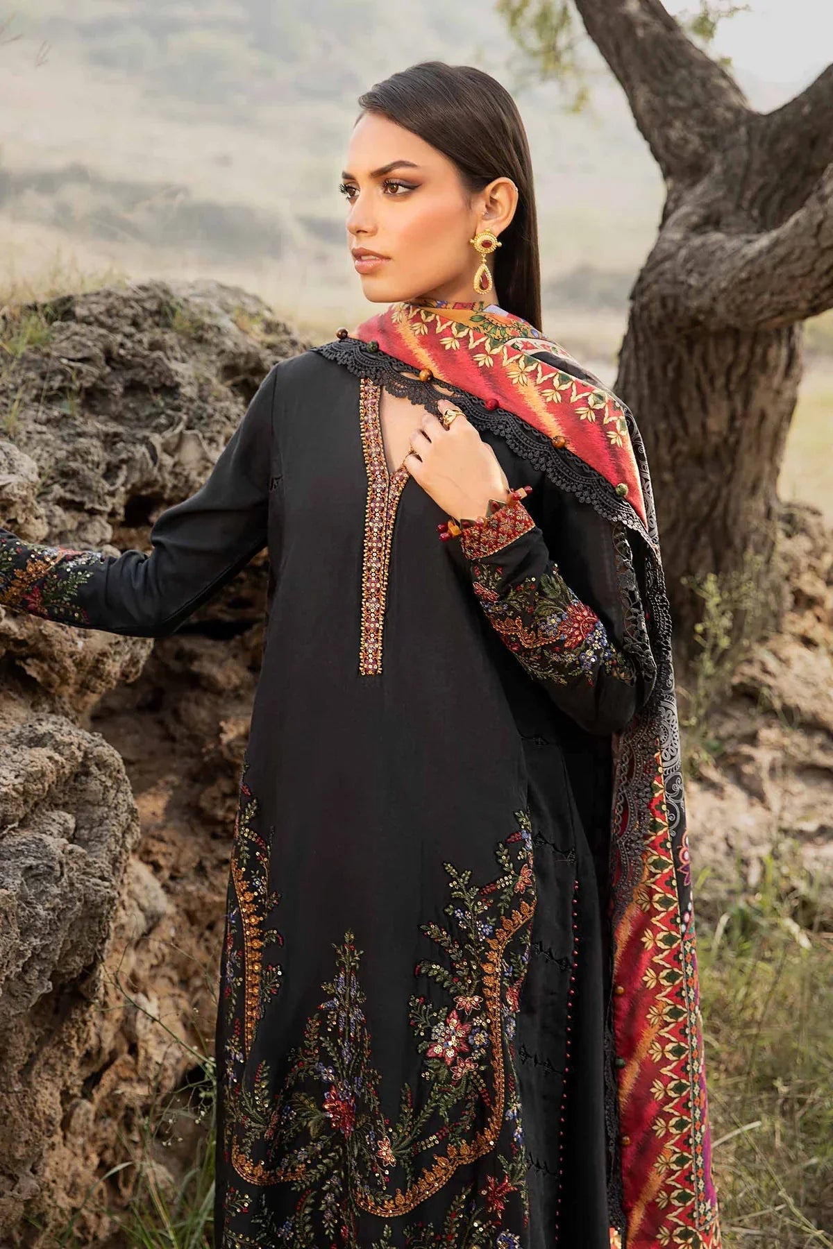 MARIA B - 3PC DHANAK EMBROIDERED SHIRT WITH TWILL PRINTED SHAWL AND TROUSER - HZG2061