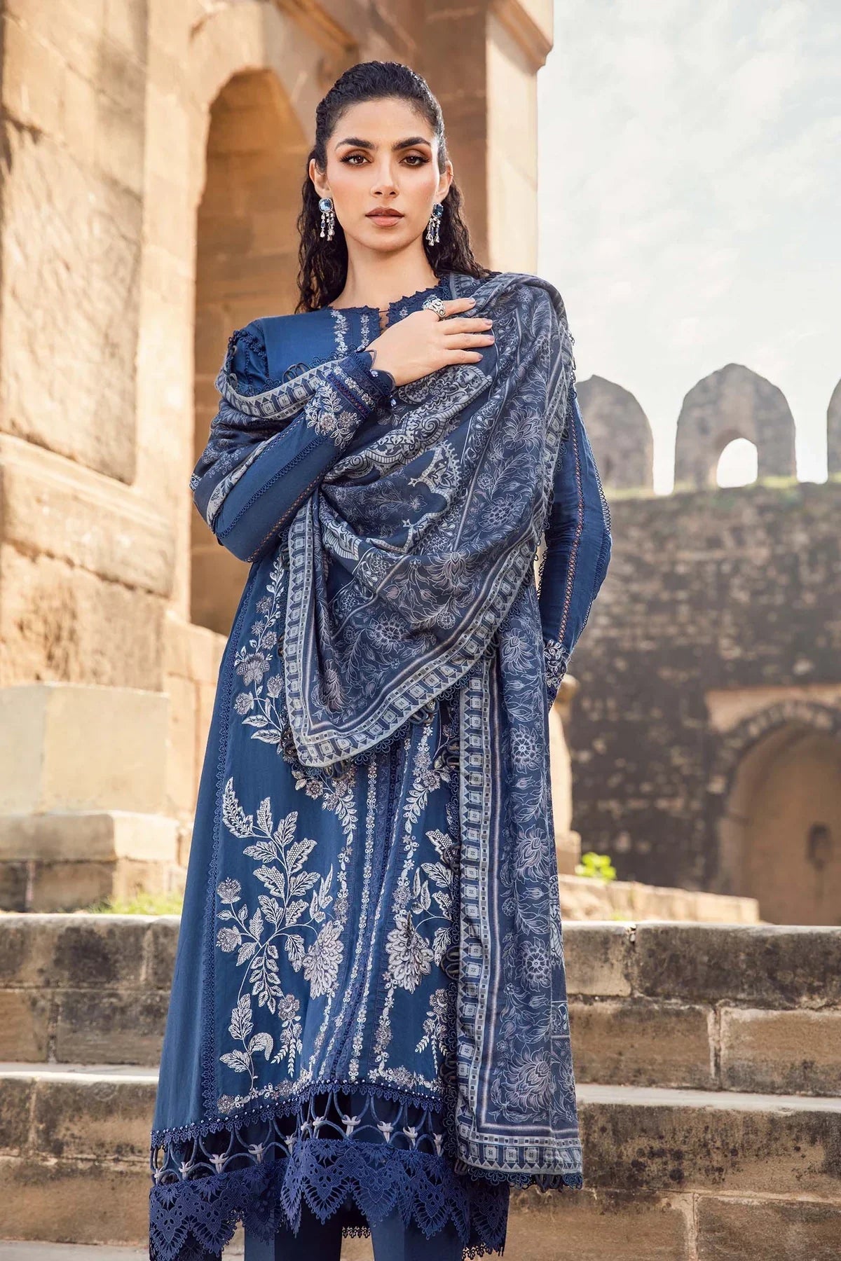 MARIA B - 3PC DHANAK EMBROIDERED SHIRT WITH TWILL PRINTED SHAWL AND TROUSER - HZG2059