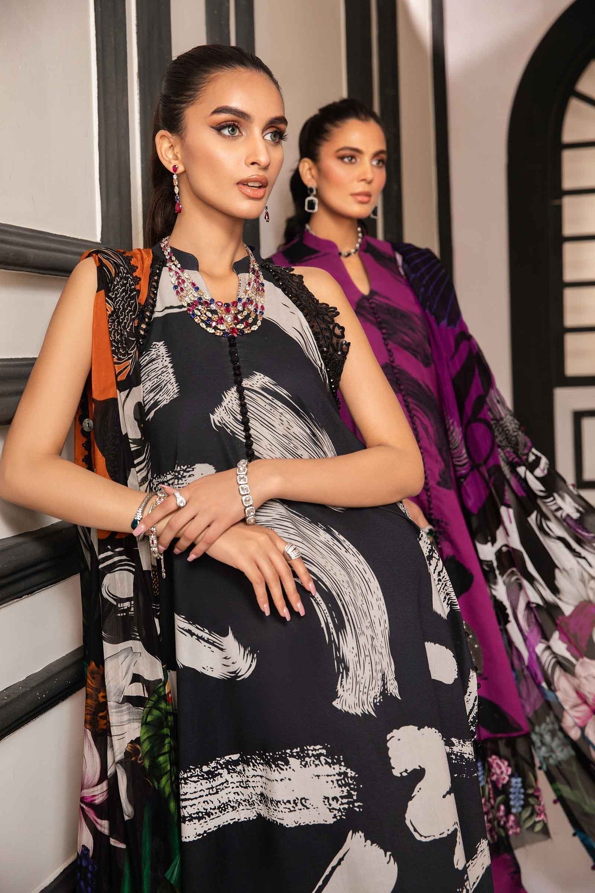 MARIA B - 3PC LAWN PRINTED SHIRT WITH DIAMOND PRINTED DUPATTA AND PRINTED TROUSER - HZG1698