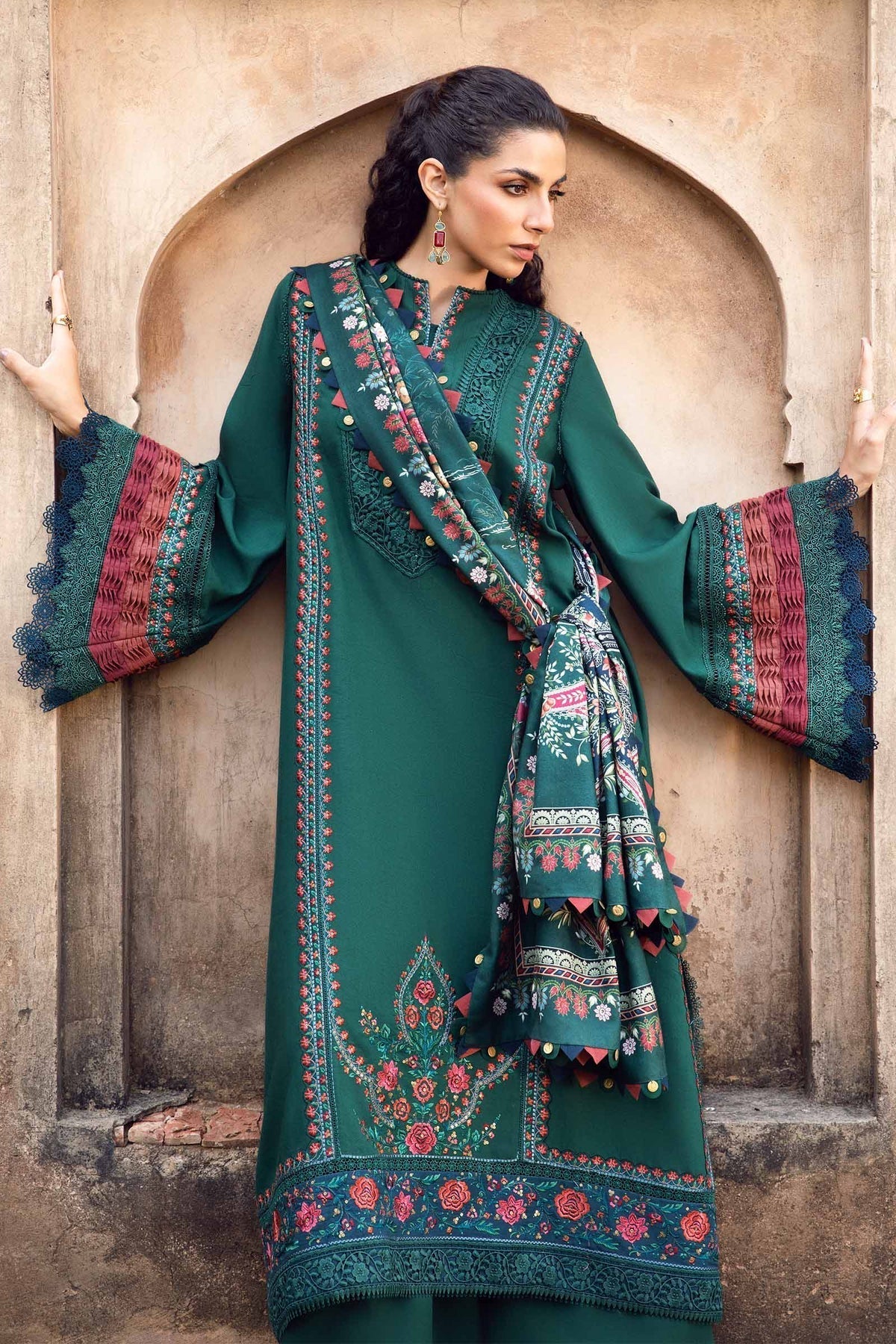 MARIA B - 3PC DHANAK EMBROIDERED SHIRT WITH TWILL PRINTED SHAWL AND TROUSER - HZG2062