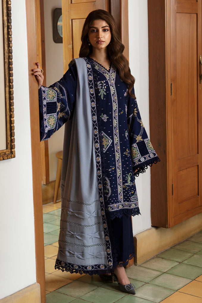 REPUBLIC WOMENSWEAR - 3PC DHANAK EMBROIDERED SHIRT WITH DHANAK EMBROIDERED SHAWL AND TROUSER - HZG2054