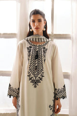 GARNET - 3PC KHADDAR EMBROIDERED SHIRT WITH TWILL PRINTED SHAWL AND TROUSER - HZU2505