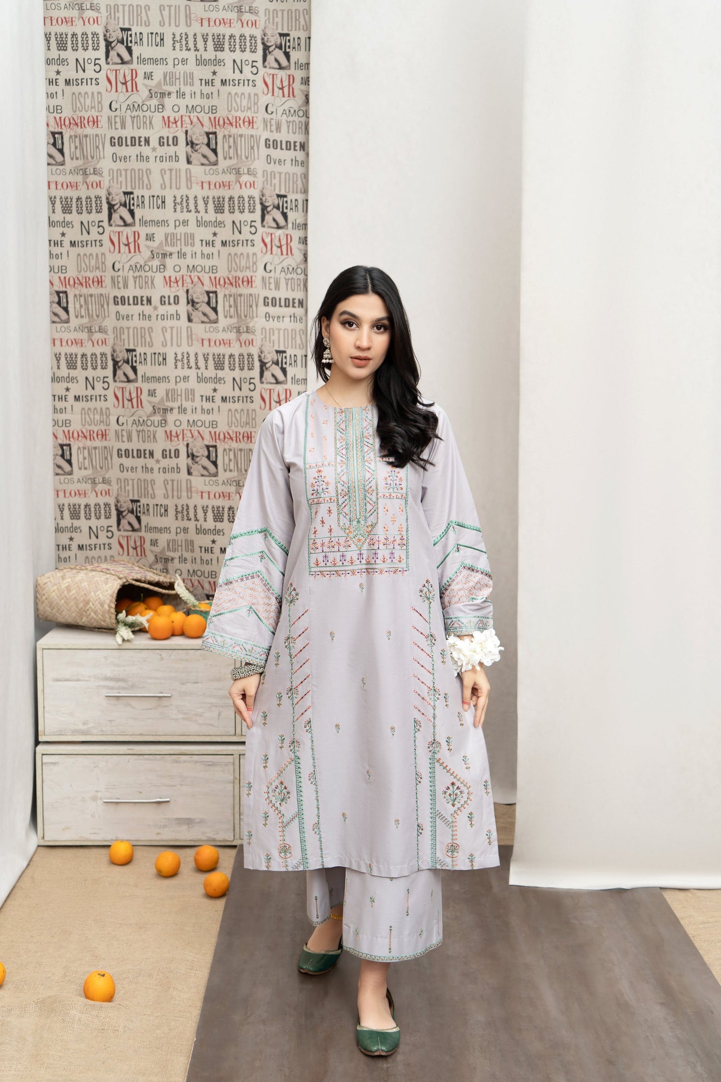 URGE - 3PC DHANAK EMBROIDERED SHIRT WITH TWILL PRINTED SHAWL AND TROUSER - HZG2358