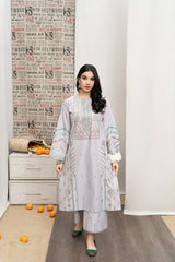 URGE - 3PC DHANAK EMBROIDERED SHIRT WITH TWILL PRINTED SHAWL AND TROUSER - HZG2358