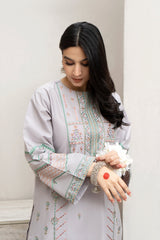 URGE - 3PC DHANAK EMBROIDERED SHIRT WITH TWILL PRINTED SHAWL AND TROUSER - HZG2358