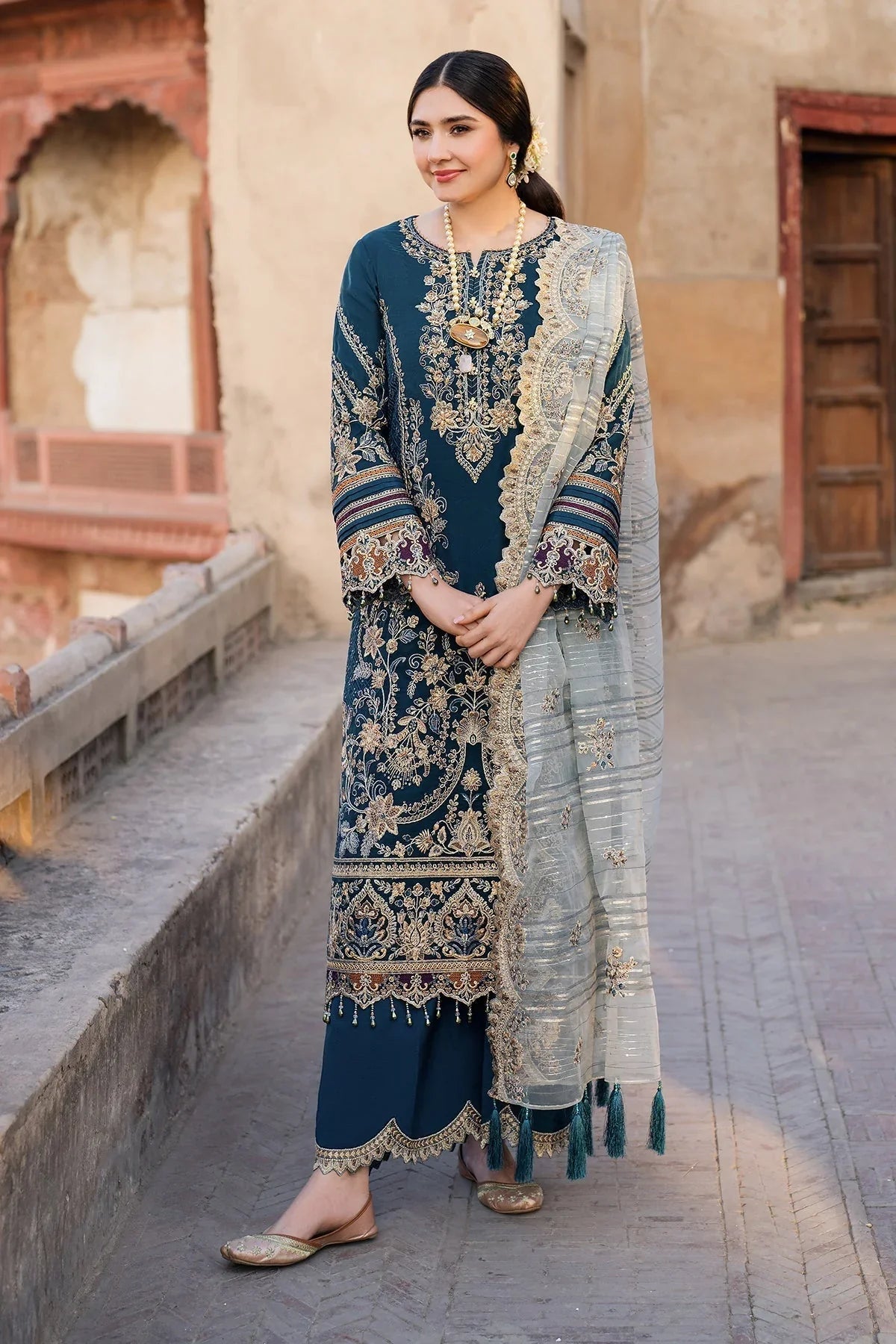NUREH - 3PC LAWN SEQUIN EMBROIDERED SHIRT WITH KHADI NET EMBROIDERED DUPATTA AND TROUSER - HZG2640