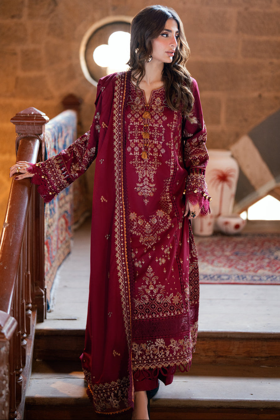 FLORENT - 3PC DHANAK EMBROIDERED SHIRT WITH DHANAK EMBROIDERED SHAWL AND TROUSER - HZG2601