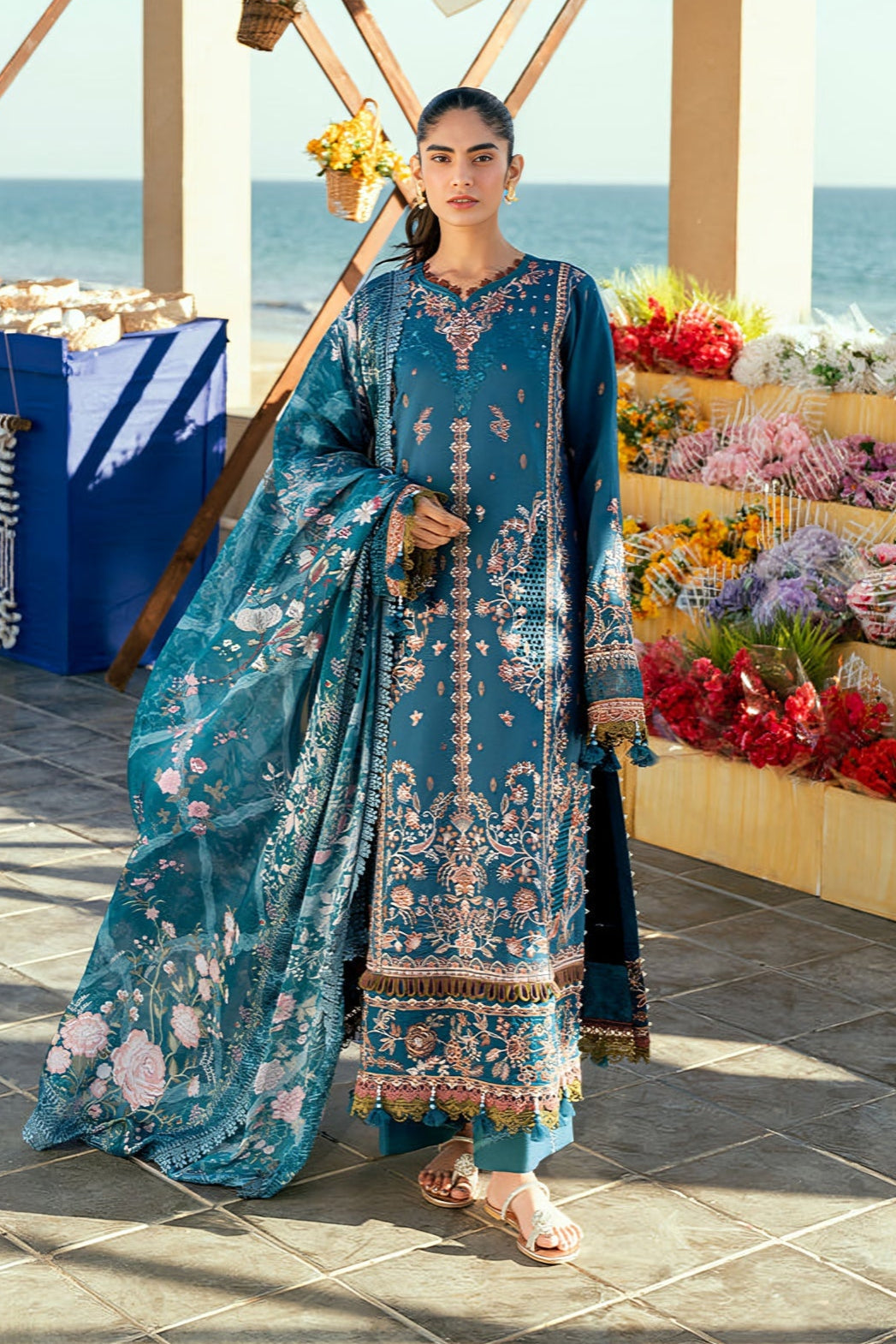 FLORENT - 3PC DHANAK EMBROIDERED SHIRT WITH TWILL PRINTED DUPATTA AND TROUSER - HZG2323