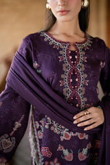 FLORENT - 3PC DHANAK EMBROIDERED SHIRT WITH DHANAK EMBROIDERED SHAWL AND TROUSER - HZG2602