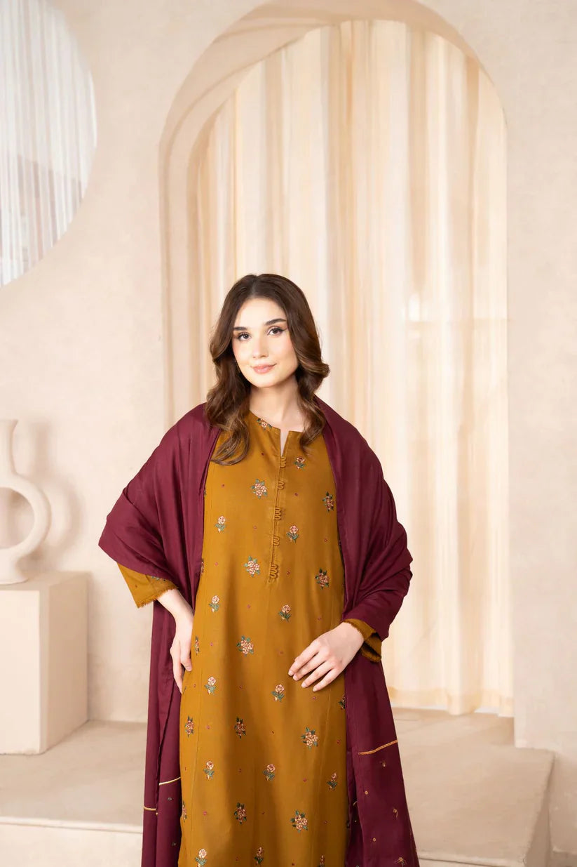 BAROQUE - 3PC DHANAK EMBROIDERED SHIRT WITH DHANAK EMBROIDERED SHAWL AND TROUSER - HZG1802