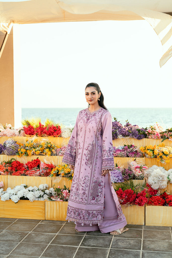 FLORENT - 3PC DHANAK EMBROIDERED SHIRT WITH TWILL PRINTED SHAWL AND TROUSER - HZG2300
