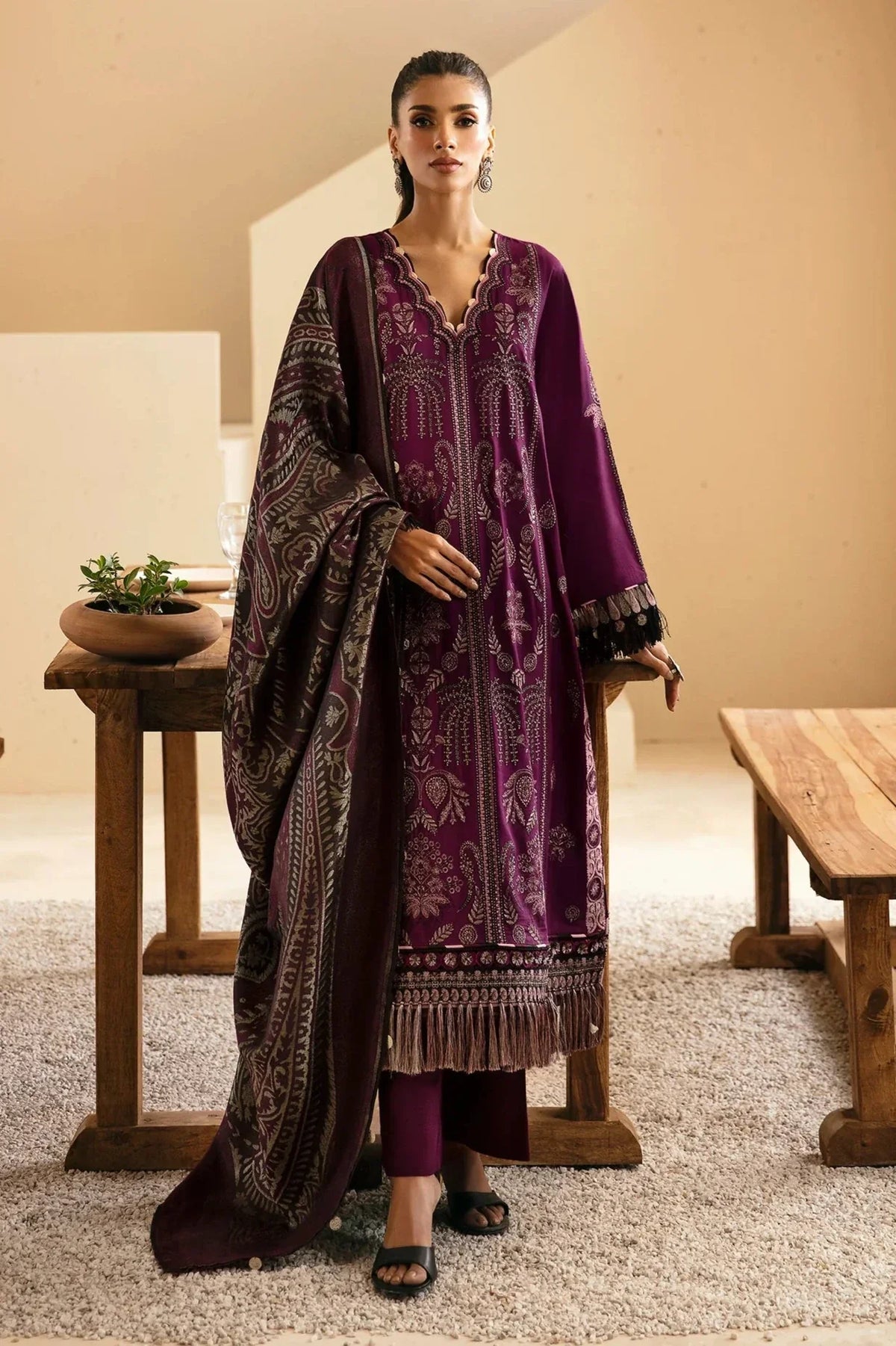 ETHNC - 3PC DHANAK EMBROIDERED SHIRT WITH TWILL PRINTED SHAWL AND TROUSER - HZG1893