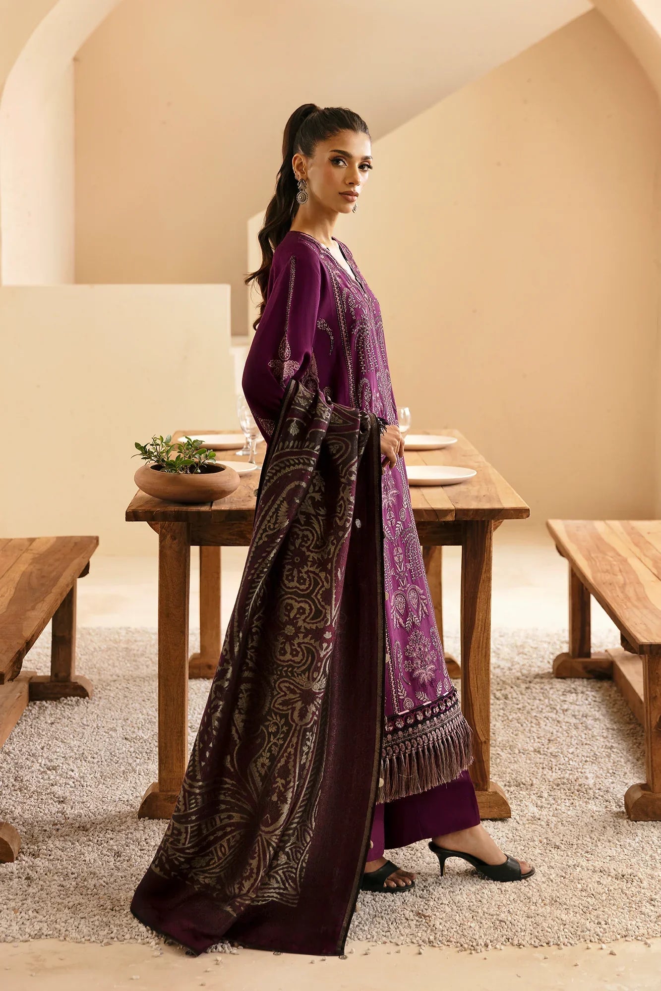 ETHNC - 3PC DHANAK EMBROIDERED SHIRT WITH TWILL PRINTED SHAWL AND TROUSER - HZG1893