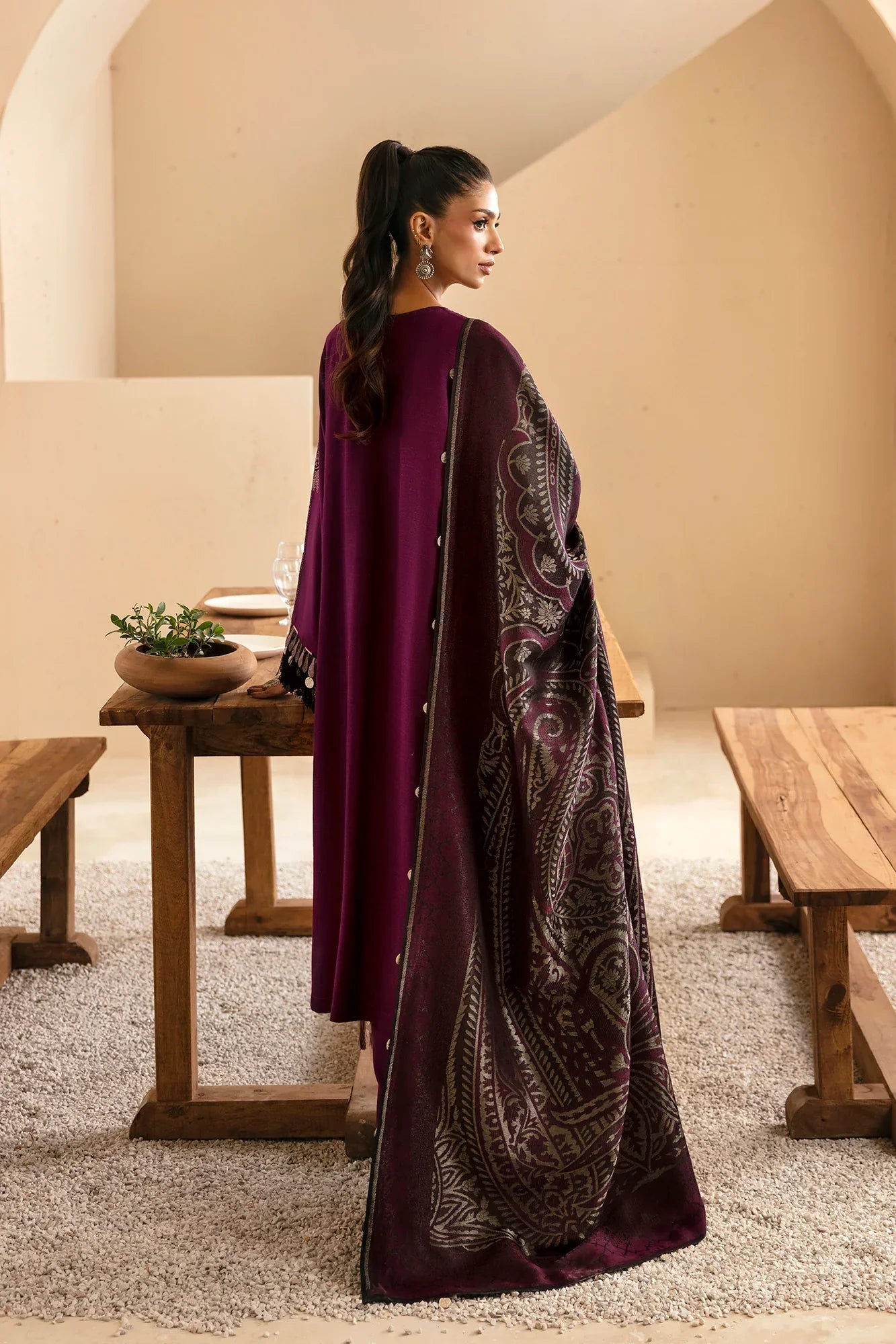 ETHNC - 3PC DHANAK EMBROIDERED SHIRT WITH TWILL PRINTED SHAWL AND TROUSER - HZG1893
