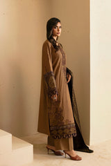 ETHNC - 3PC DHANAK EMBROIDERED SHIRT WITH TWILL PRINTED SHAWL AND TROUSER - HZG1927