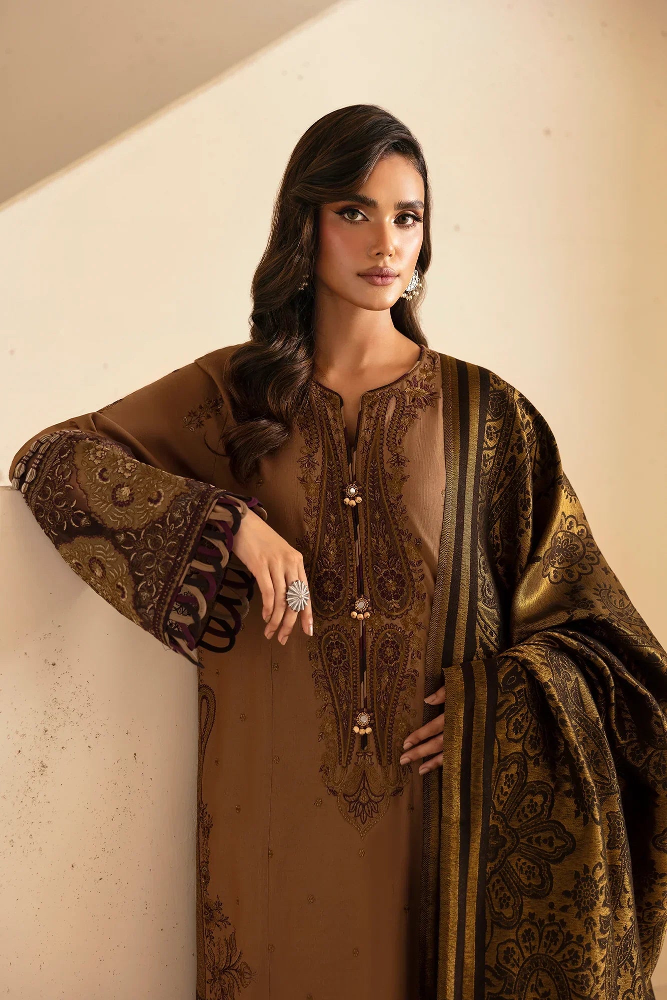 ETHNC - 3PC DHANAK EMBROIDERED SHIRT WITH TWILL PRINTED SHAWL AND TROUSER - HZG1927