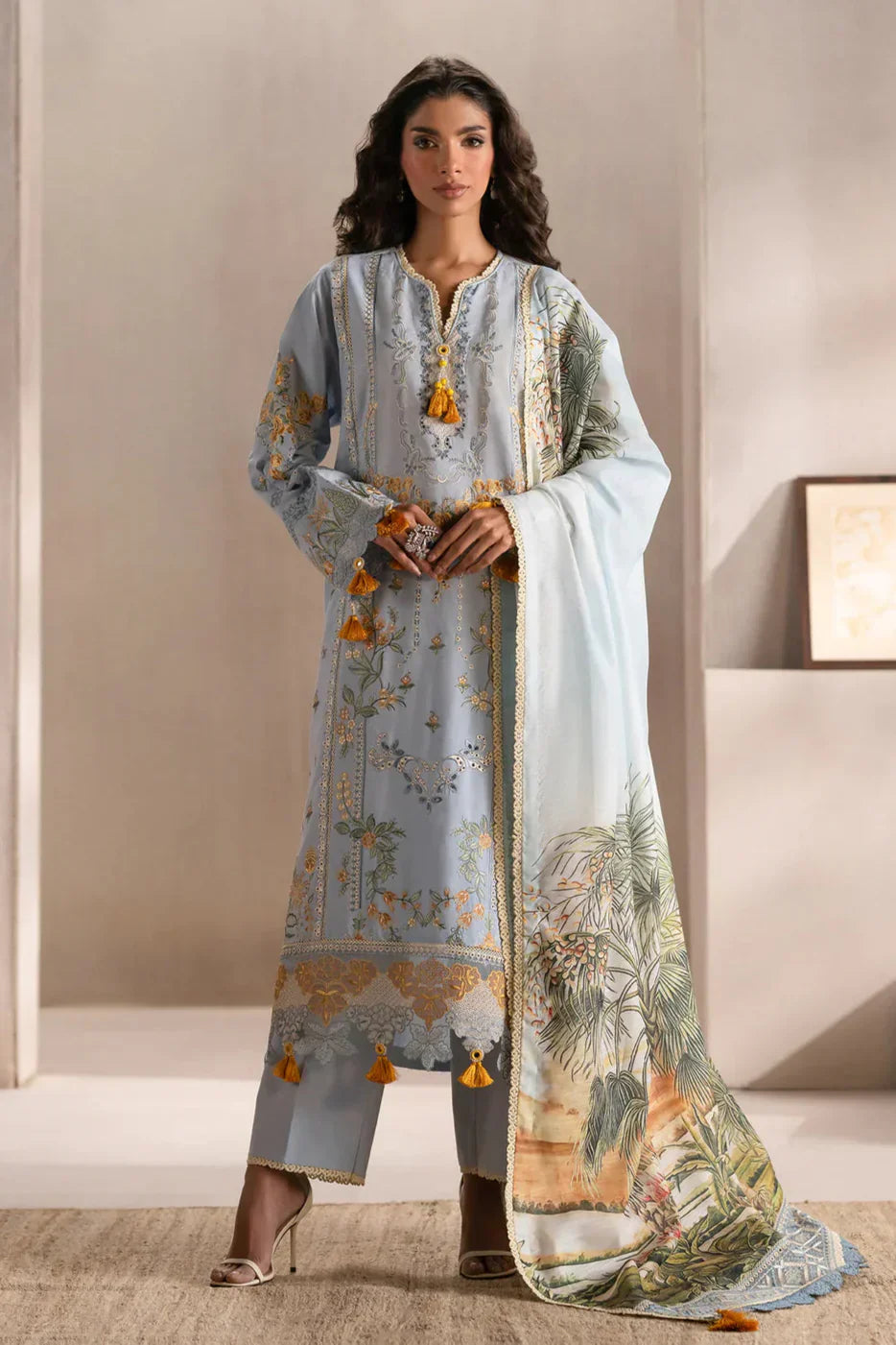 ETHNIC - 3PC LAWN EMBROIDERED SHIRT WITH MANAAR PRINTED DUPATTA  AND TROUSER - HZG2213